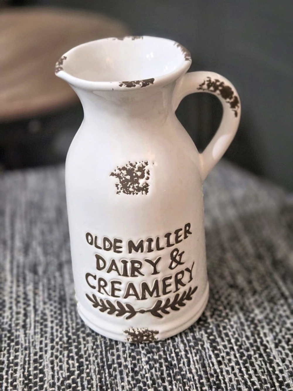 Olde Miller Dairy & Creamery Ceramic Creamer Pitcher in White & Brown